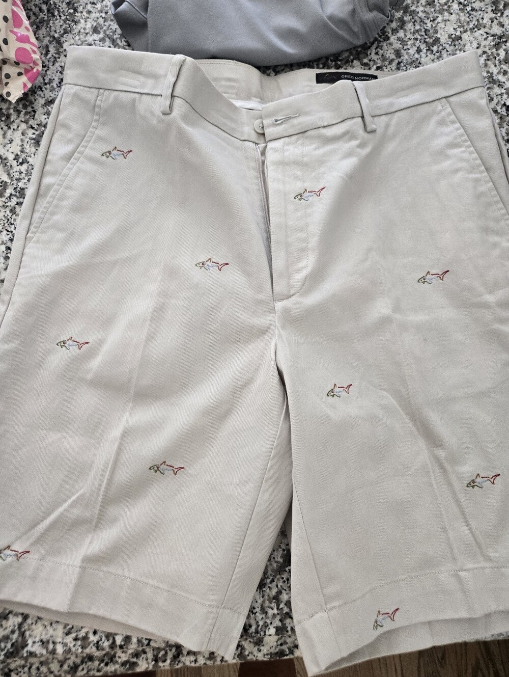 Greg Norman Collection Light Gray Embroidered Shark Chino Shorts
